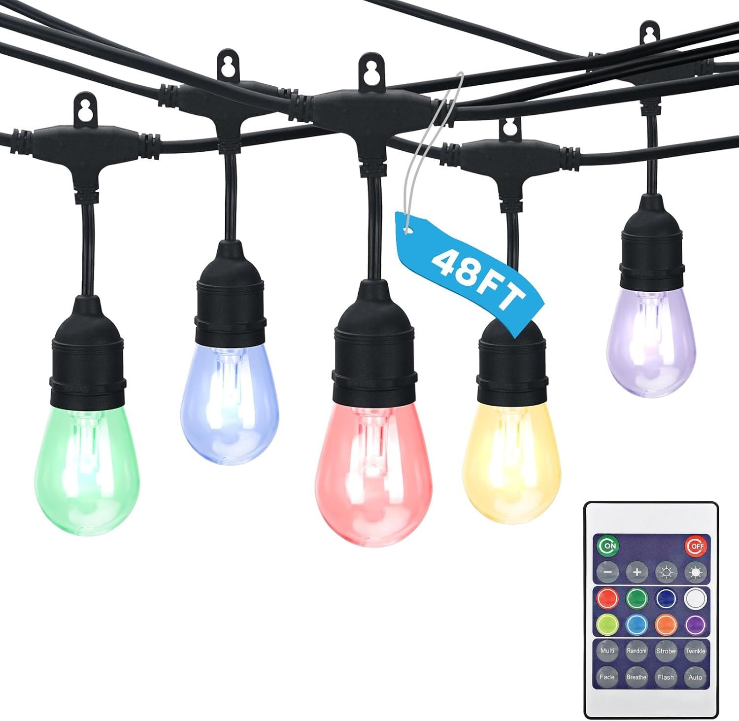 LUXRITE 48FT LED RGBW Outdoor String Lights, Commercial Grade Waterproof