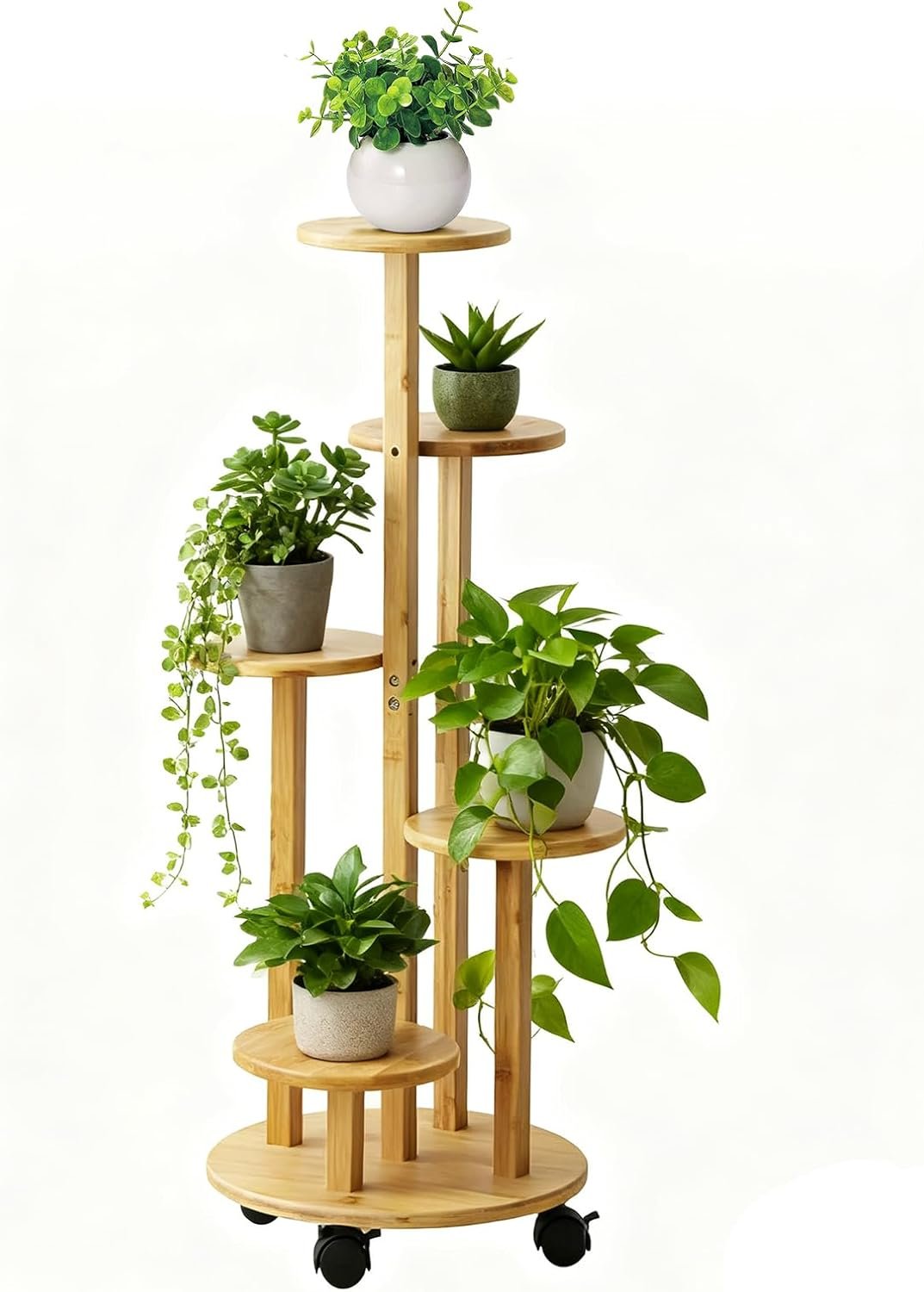 5 Tier Plant Stand Indoor Wood Shelf Corner Rack with Wheels, Wood Color