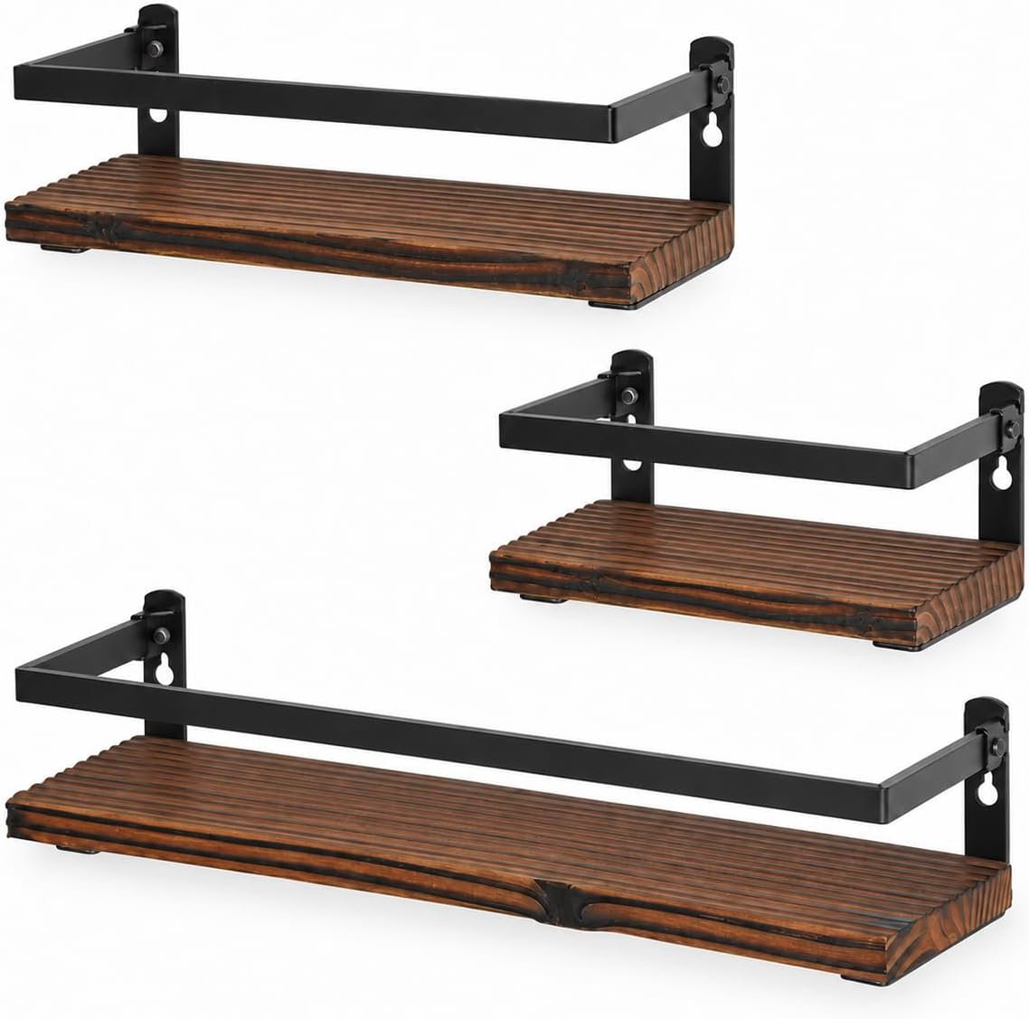 PHUNAYA Wood Floating Shelves with Metal Guardrails, Set of 3, Brown