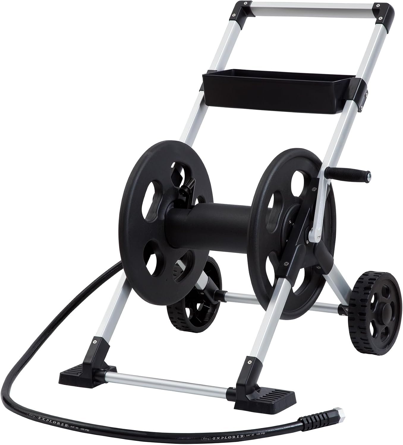 Liberty Garden 304 Explorer Two Wheel Hose Reel Cart, Aluminum, Holds 250-feet of 5/8″ Hose, Silver/Black