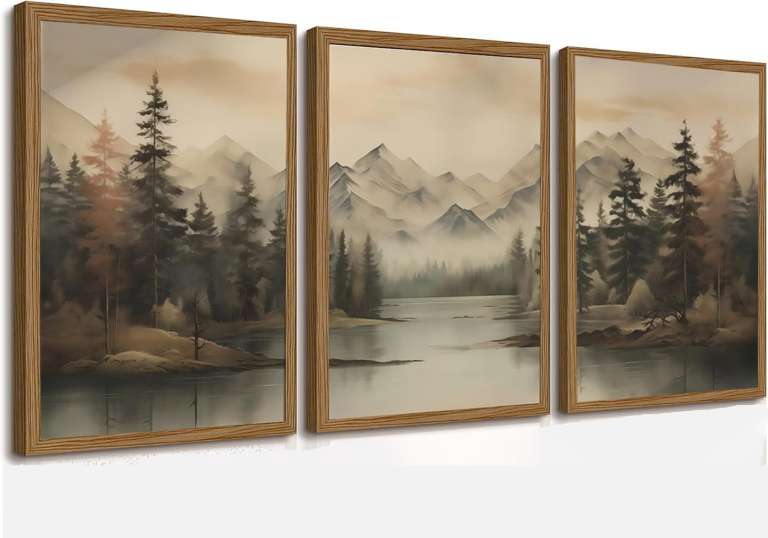Framed Mountain Landscape Wall Art Canvas Print Vintage Forest Lake Nature Painting Picture Ready to Hang Living Room Bedroom Office Decor 12×16 Inches