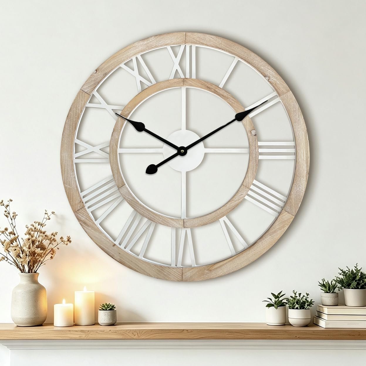 24 Inch Large Rustic Wall Clock Silent Non-Ticking Wooden Wall Clocks with Roman Numerals Farmhouse Decorative Clock for Living Room Bedroom Office (Light Lvory)