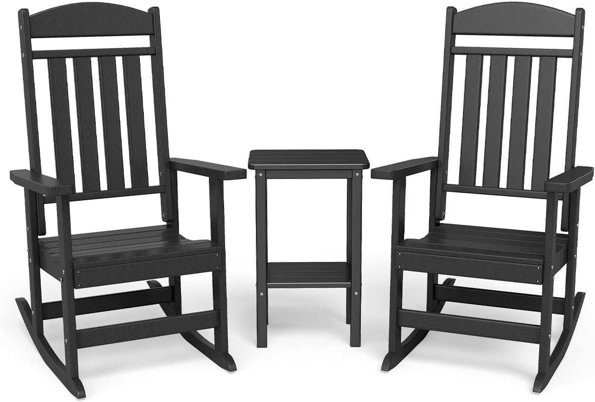 NAVINE Outdoor Rocking Chairs Set of 2 with Side Table, High Back Rocker