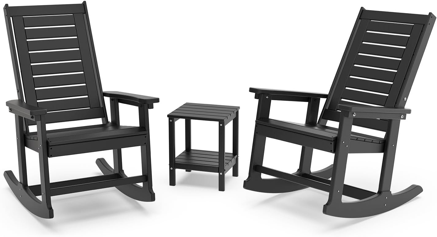 GREENVINES Outdoor Rocking Chairs Set, 2 Rockers w/ 1 Side Table, Black