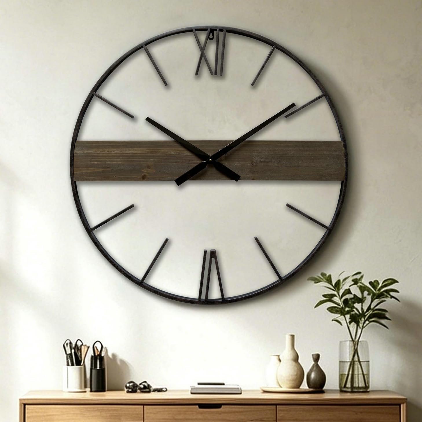 30 Inch Large Modern Wall Clock Oversized Rustic Wood Metal Frame Silent Non-Ticking Battery Operated Decorative Clocks for Living Room Kitchen Bedroom Office (Vintage Brown)