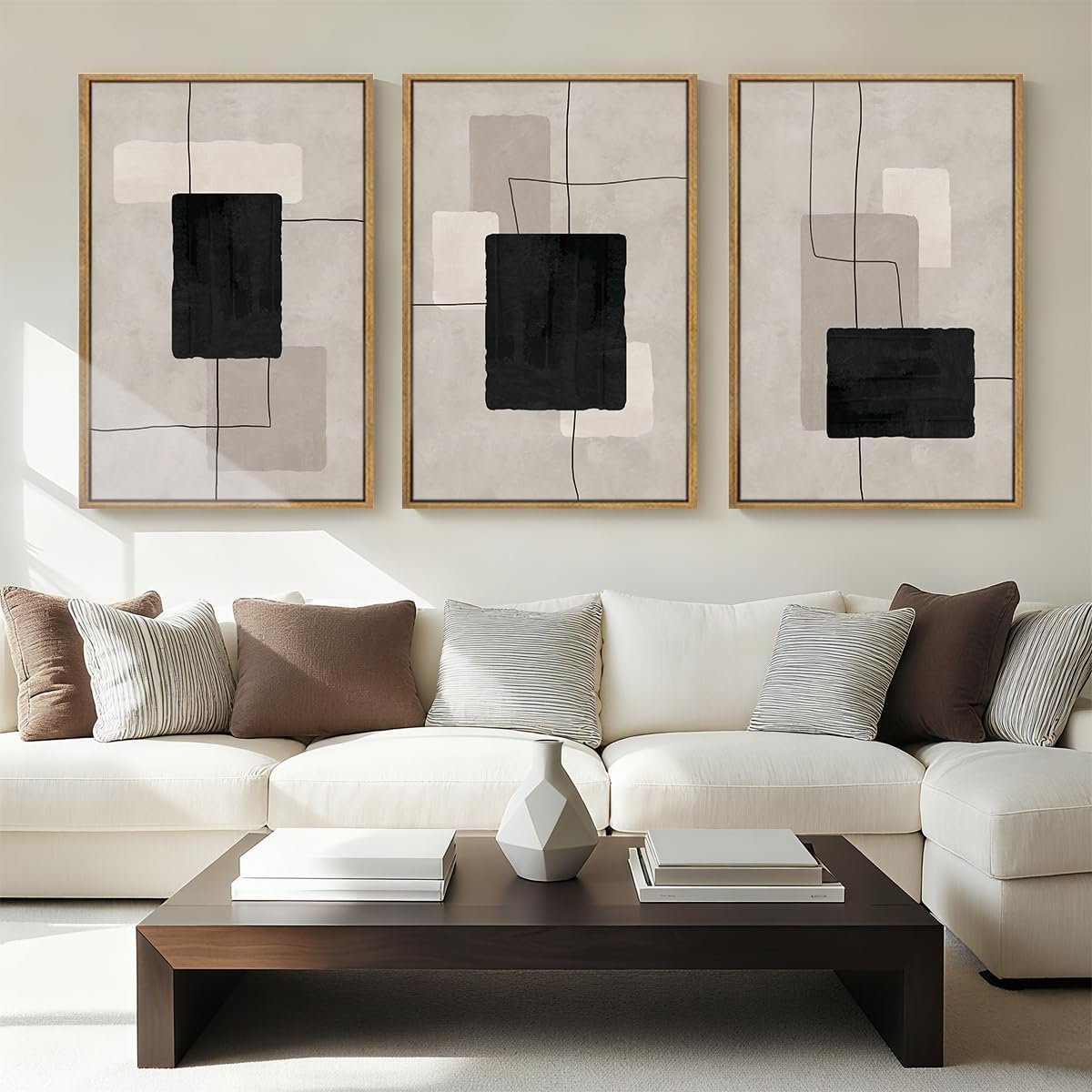 ANHUIB Modern Abstract Wall Art Canvas,Neutral Abstract Wall Art Framed,Contemporary Minimalist Prints,Geometric Line Artwork,3 Piece 24 * 36IN Mid Century Painting for Living Room Bedroom Office