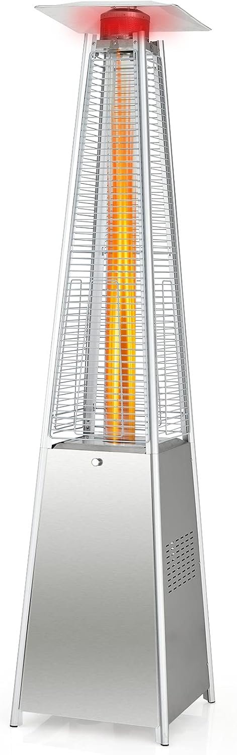 Giantex Outdoor Propane Patio Heaters, 42,000 BTU Pyramid Style Gas Porch and Deck Heater w/Dancing Flame, Quartz Glass Tube in Hammered Freestanding, Electronic Ignition System Stainless Steel