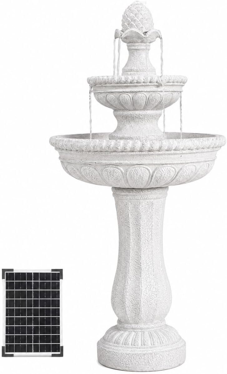 XBrand 39″ 2-Tier Outdoor Freestanding Solar Water Fountain – Classic Design, White Resin Bird Bath with Pump – Ideal for Yard, Lawn and Garden, Porch Décor