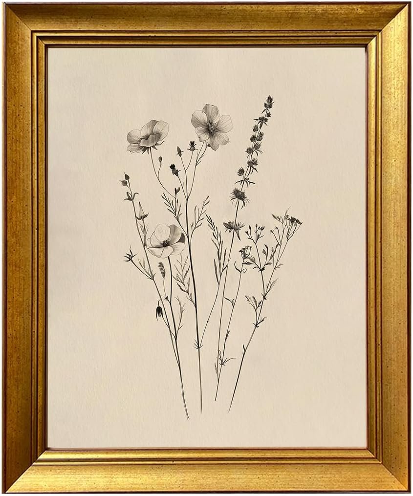 Vintage Framed Minimalist Botanical Line Wall Art Canvas Print Wildflower Sketch Painting Neutral Floral Nursery Artwork Cottage Core Decor