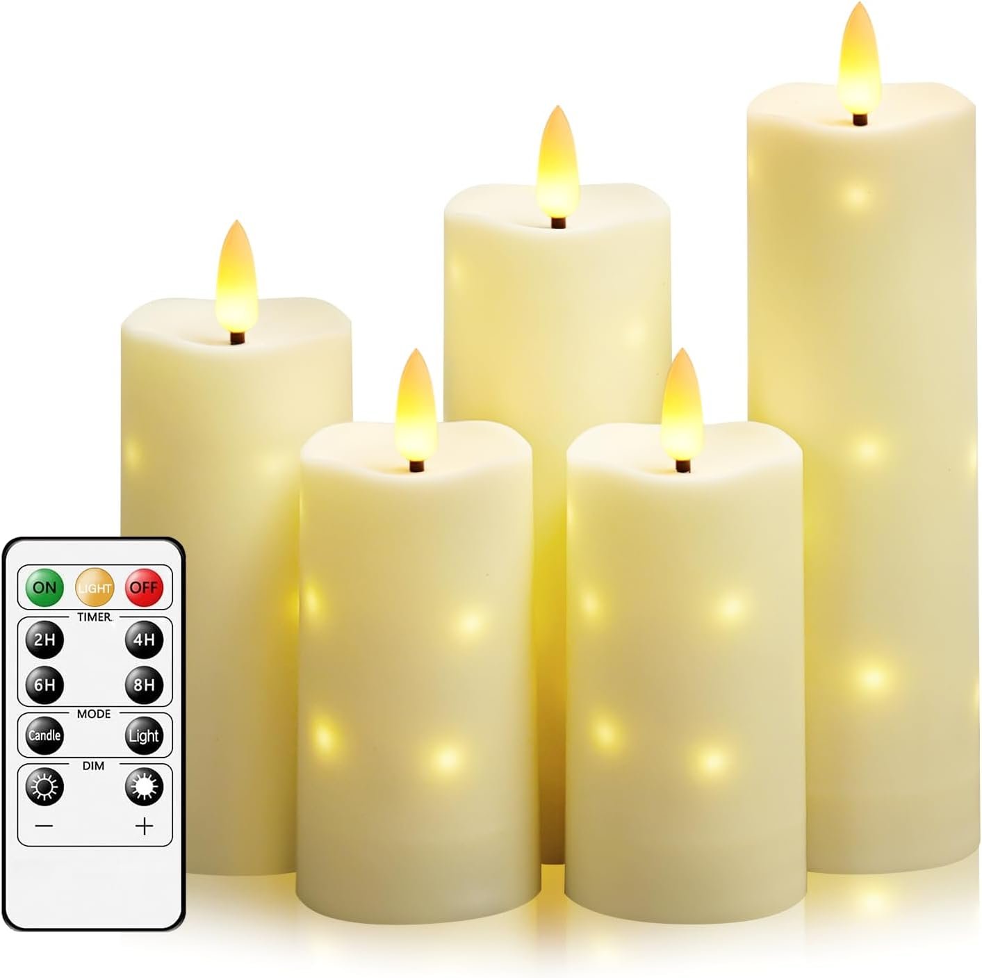 kakoya Outdoor Waterproof Flickering Flameless Candles with Timer,5Pcs Battery Operated LED Pillar Candles with Embedded Star String for Outdoor Lanterns,Porch,Patio Decor(Ivory)