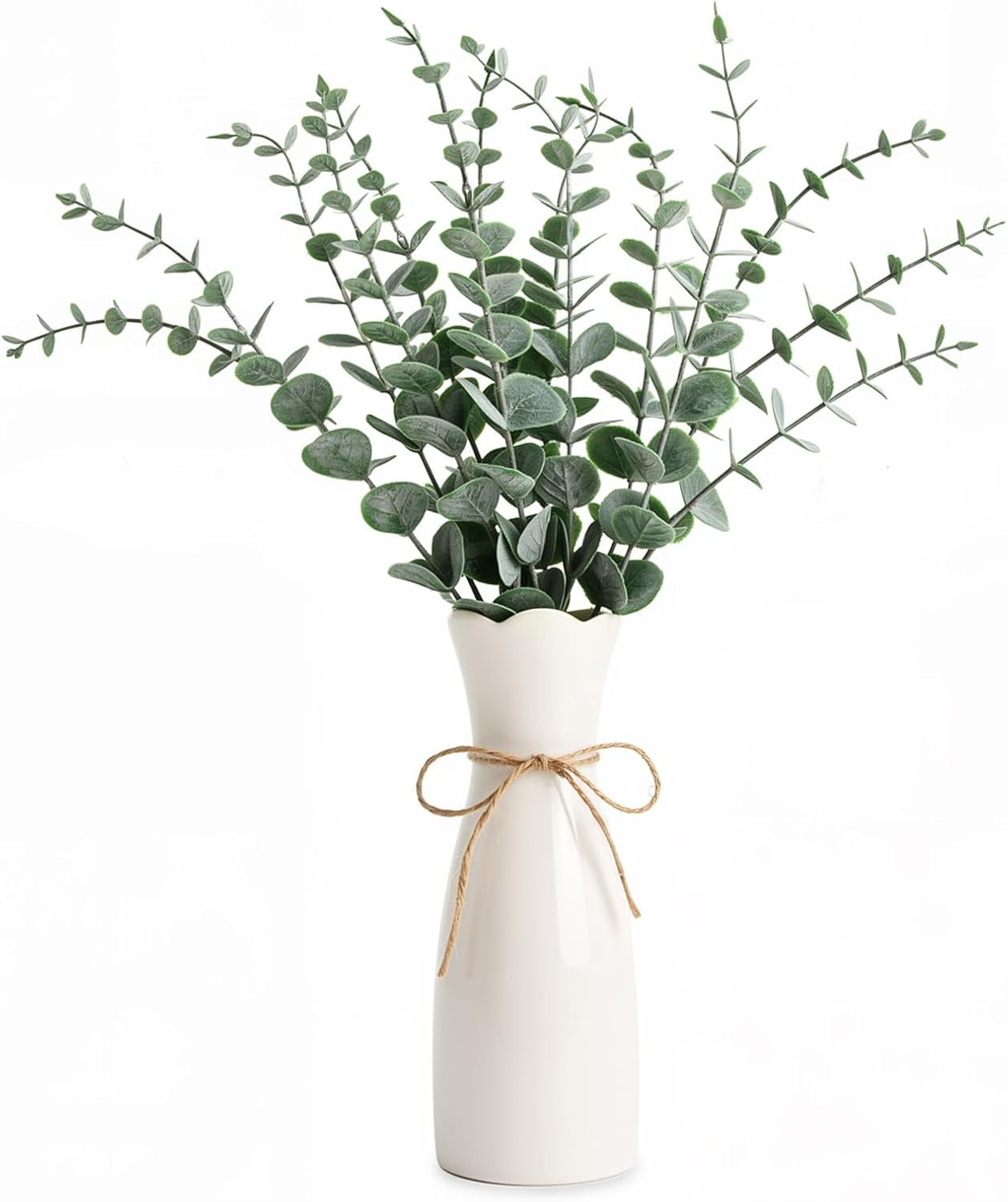 Artificial Eucalyptus Stems in White Vase, 20pcs Faux Greenery Arrangement with 7.87″ Ceramic Vase, 15.7″ Decorative Fake Plant for Boho Farmhouse Home Decor