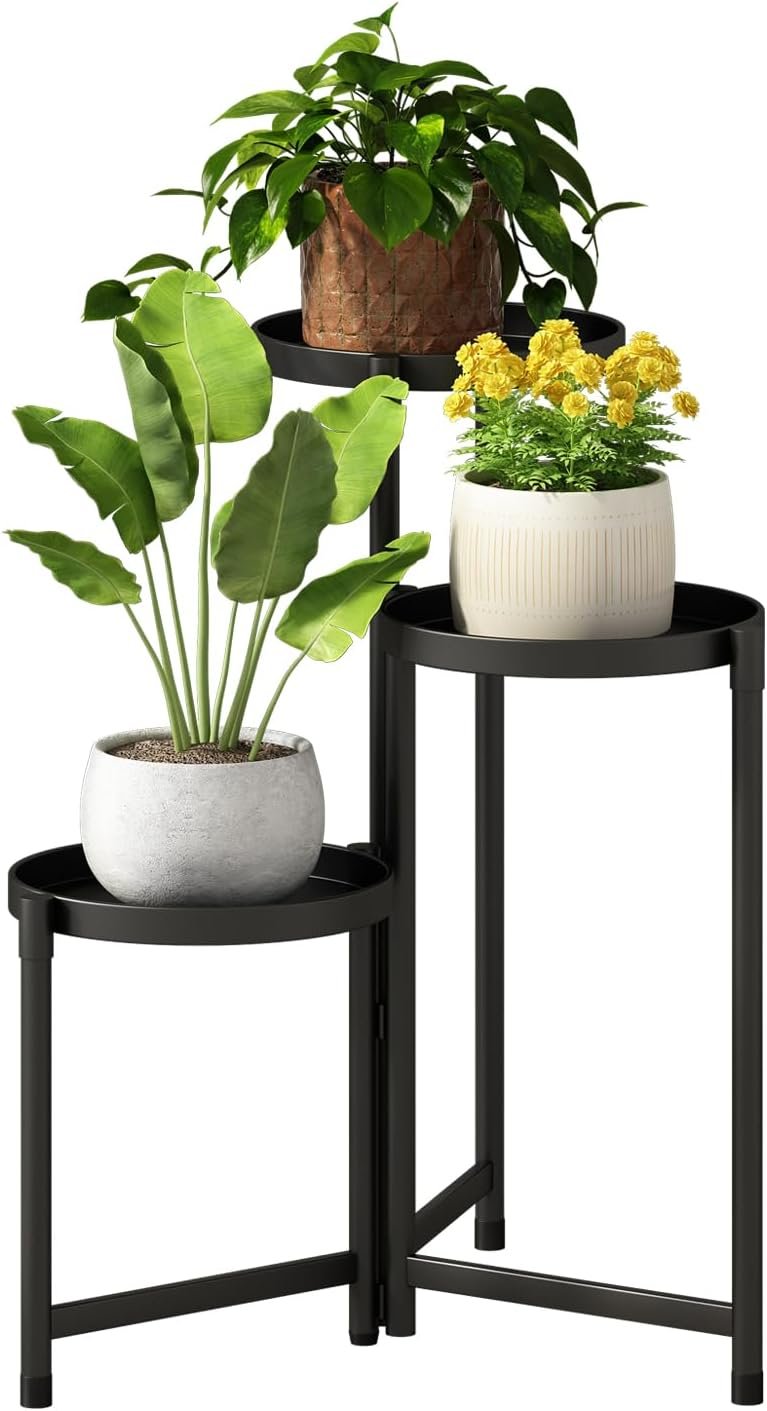 Plant Stand indoor outdoor-3 Tier black Tall Metal Flower Pot Holder 9in Wide Potted Display Rack – Heavy Duty Corner Plant Shelf for Patio Garden Balcony Living Bedroom Room