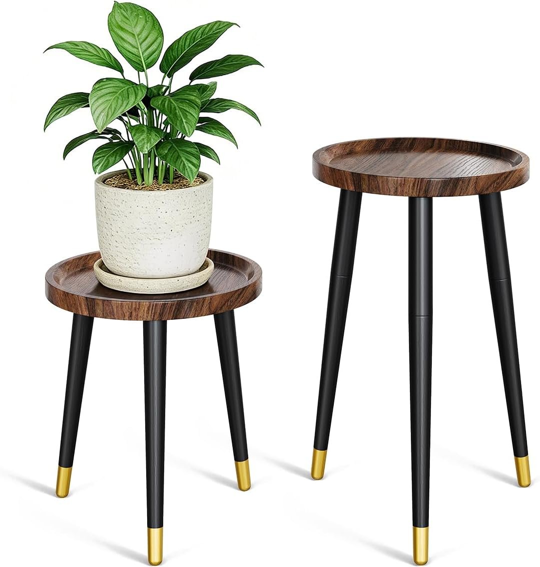 Plant Stand Indoor 2 Pack, Mid Century Wood Indoor Plant Stands, Tall Plant Holder for Flower Pot, Modern Plant Table Round Side End Table With Raised Design, Walnut, 11.7″x18.8″ & 11.7″x13″