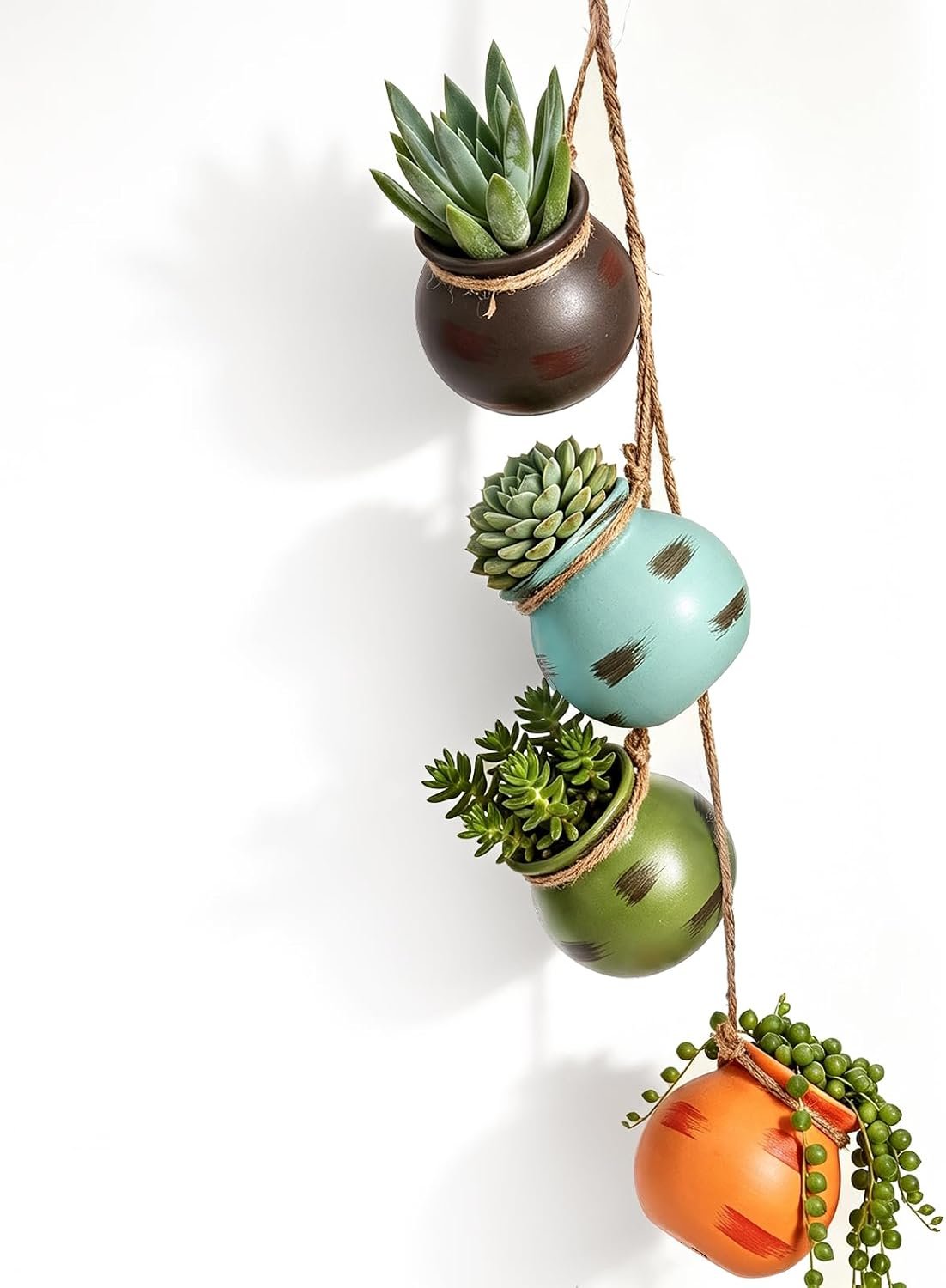 Yesland Ceramic Hanging Mini Flower Planters, Wall or Ceiling Mount – Dangling Container in Earth Tone Colored for Indoor Outdoor Decor – Set of 4