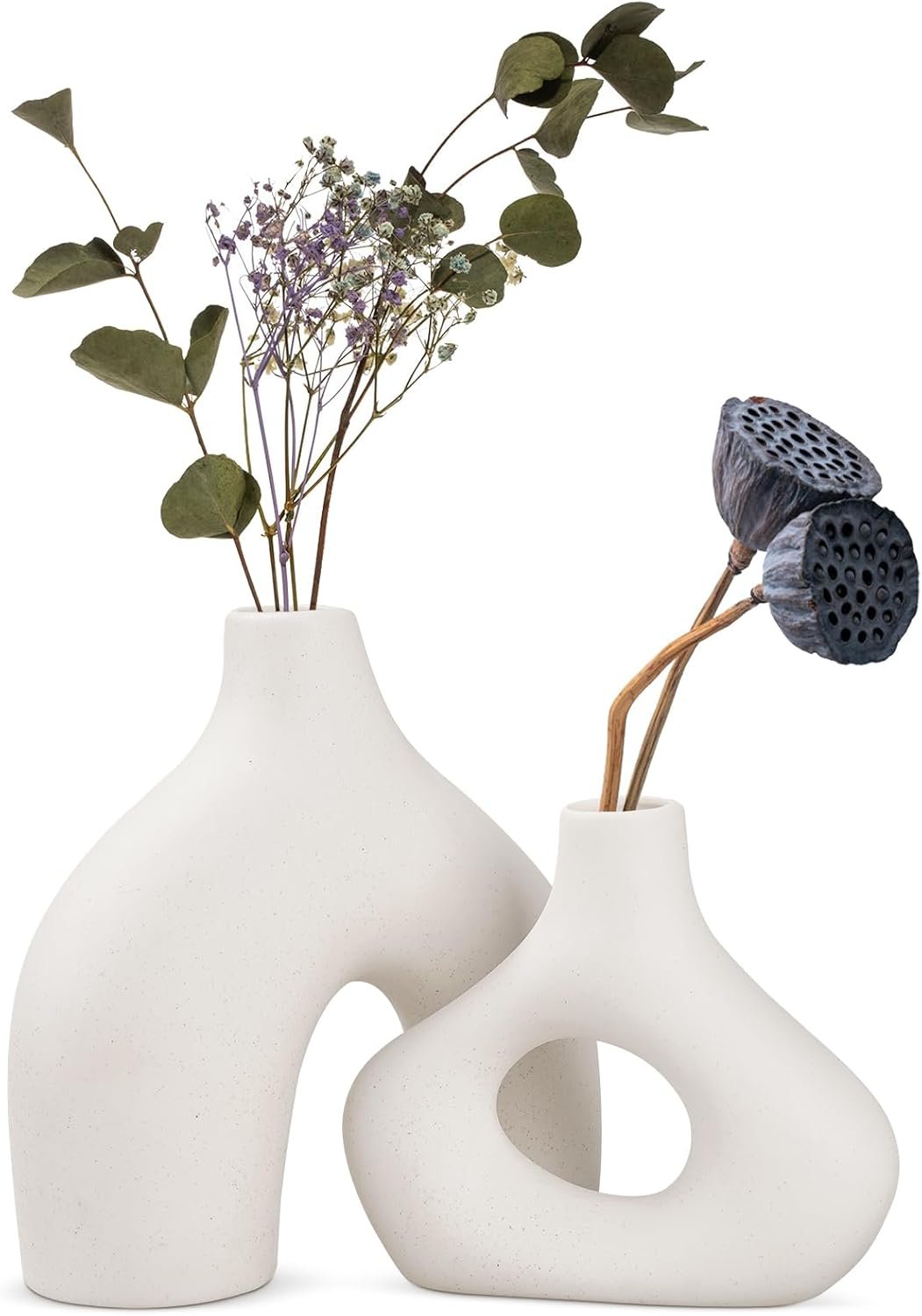 White Ceramic Vase Set of 2 – Minimalist Nordic Style, Matte Donut Vases for Pampas Grass, Ceramic Hollow Donut Vase Decor, Flower Vases for Living Room Wedding Coffee Table Bookshelf Office Decor