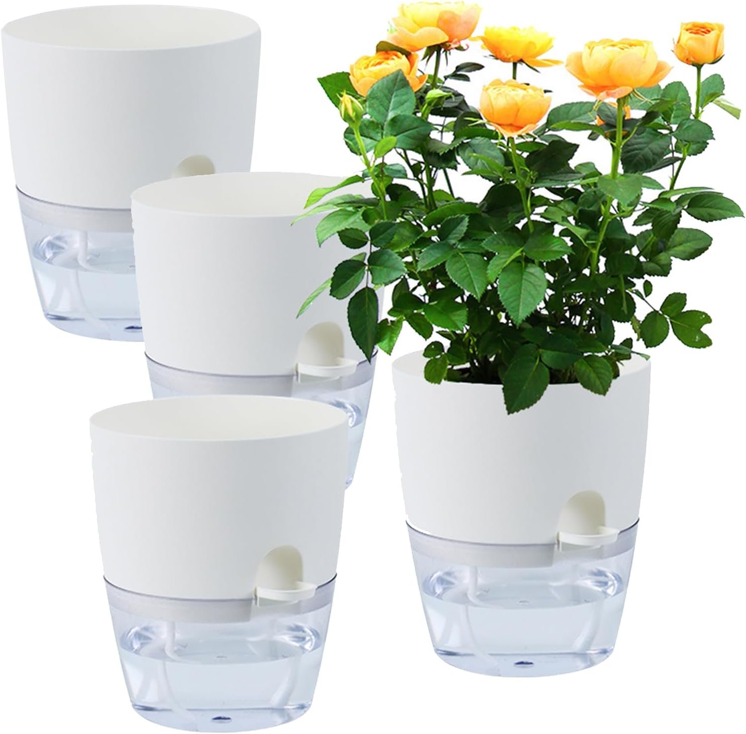 4 Pcs Self Watering Planter Pots, Indoor Plant Plastic Flower Pot with Transparent Visible Water Storage Tank Drainage Hole, Suitable for Indoor and Outdoor Gardens Plant Pot-White