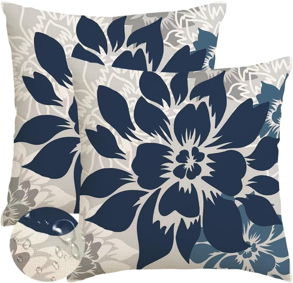 RABUSOFA Dark Blue Gray Floral Pillow Covers 20×20 Inch Set of 2 Outdoor Waterproof Decorative Throw Pillows for Home Decor Sofa Patio Funiture Flower Polyester