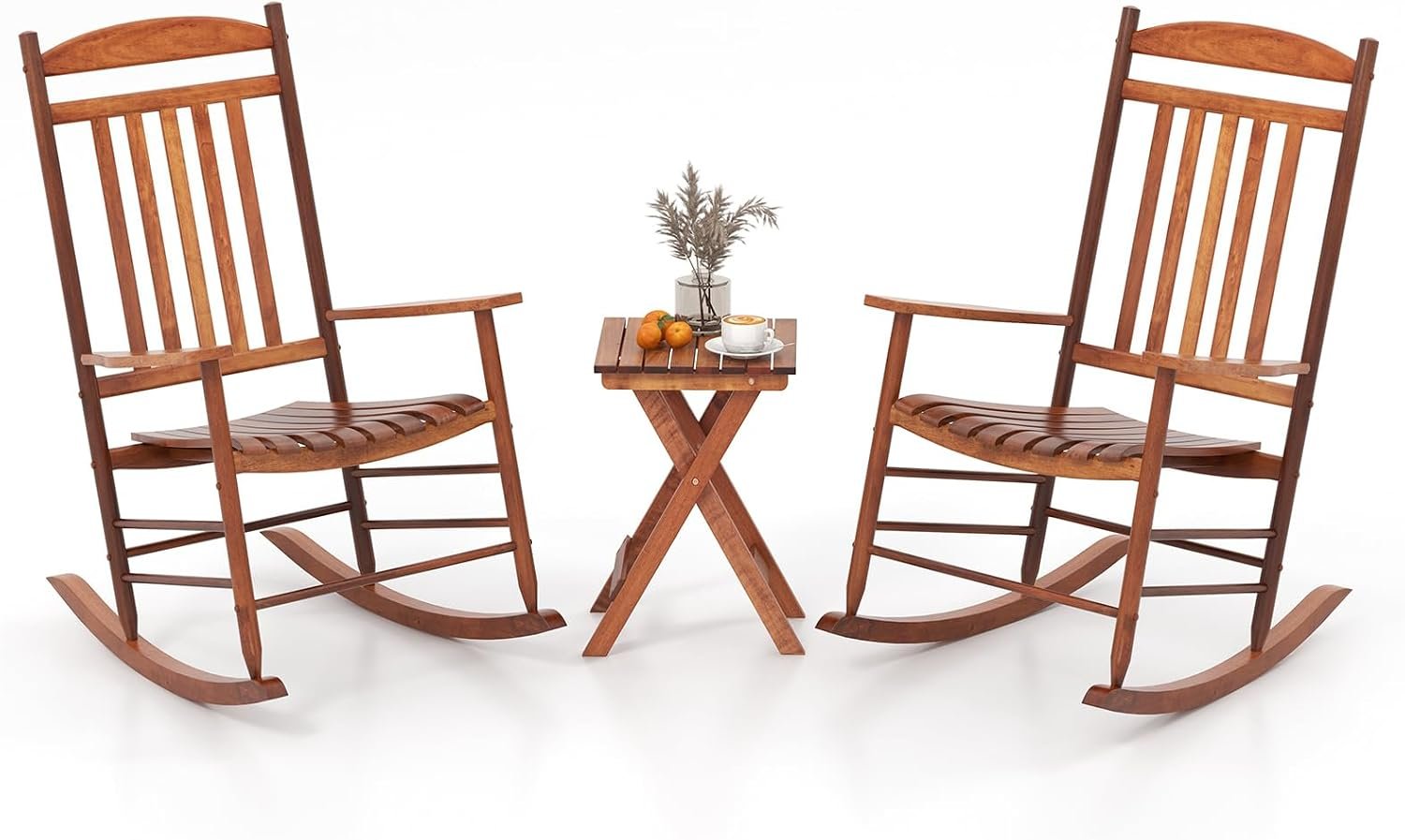 Tangkula 3-piece Outdoor Poplar Wood Rocking Bistro Set, High Back Front Porch Rocker Chairs Conversation Set with Folding Coffee Table and Armrests, Outdoor Patio Furniture Set for Balcony Backyard