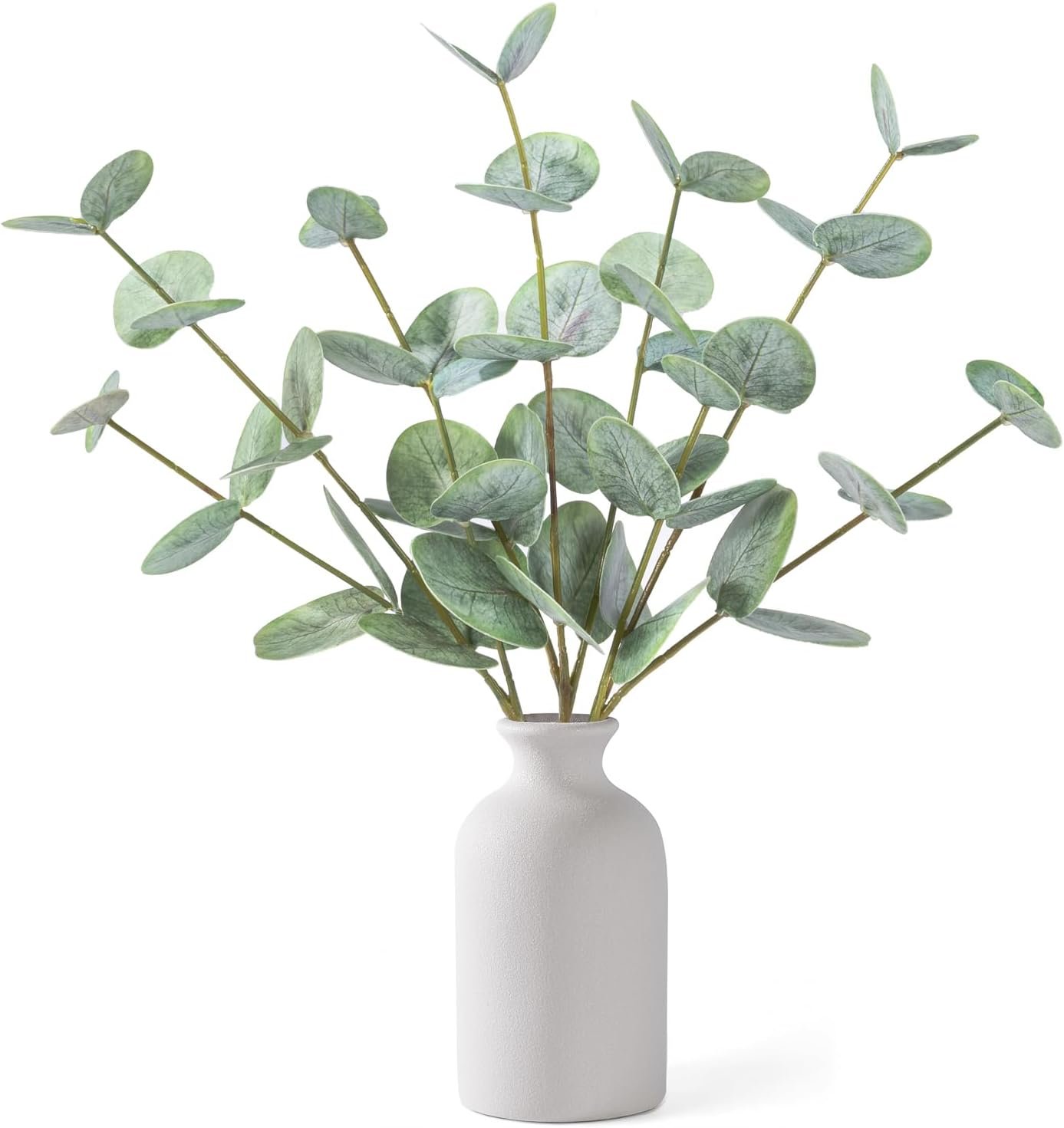 Artificial Eucalyptus Stems in Ceramic Vase, 14” Fake Plants Greenery Stems for Home Decor Eucalyptus Plant for Bathroom Farmhouse Room Coffee Table Centerpiece Desk Shelf Faux Branches Decorations