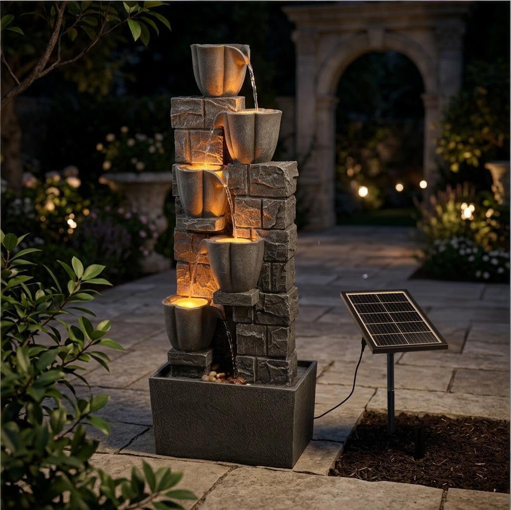 Solar Powered Water Fountain Outdoor, 38.2 Inch Tall 4 Tiers Tulip Waterfall Fountain with LED Lights, Grey Decorative Natural Water Feature Ornament for Garden, Patio, Lawn Yard Landscape