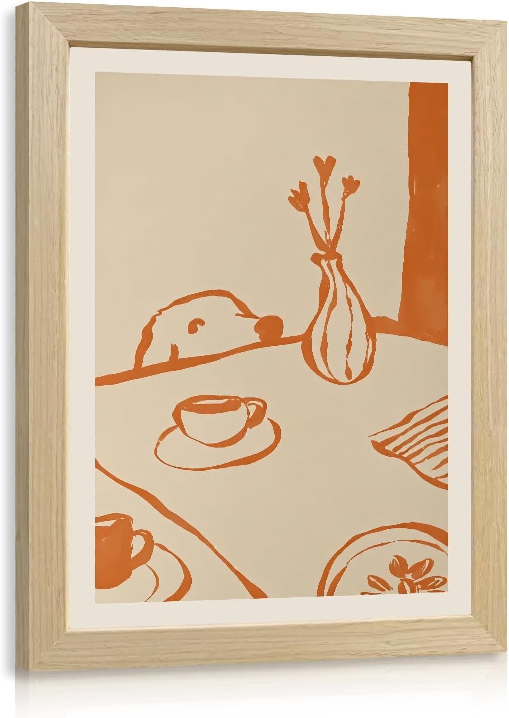Msziryn Wood Framed Minimalist Coffee Wall Art, Brown Line Drawing Kitchen Wall Decor, Scandinavian Still Life Poster Print, Modern Coffee Dog Artwork for Dining Room Office Wood Framed 8×10 Inch