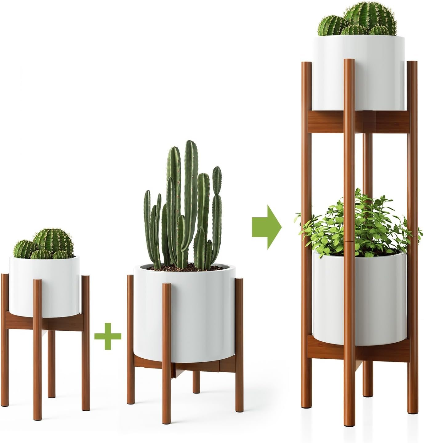 MUDEELA 2 Pack Indoor Plant Stands, 2 Tier Tall Plant Stand 30 inches, Mid Century Bamboo Plant Stand, Adjustable Width 8 – 12 inches, Fits Pot Size of 8 9 10 11 12 inches, Pot & Plant Not Included, Brown