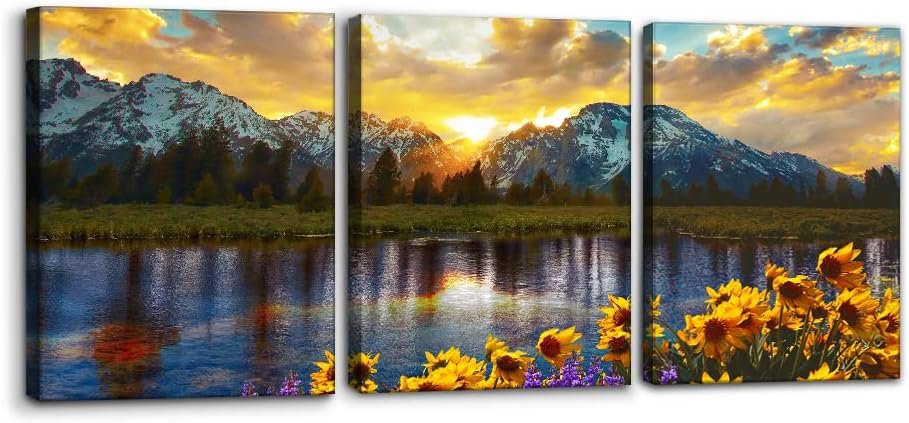 3 Pieces Mountain Canvas Wall Art for Living Room Nature Landscape Picture Sunflower Wall Decor for Bedroom Home Decoration Sunrise Grand Teton National Park Painting Framed Artwork – 12″ x 16″ x 3