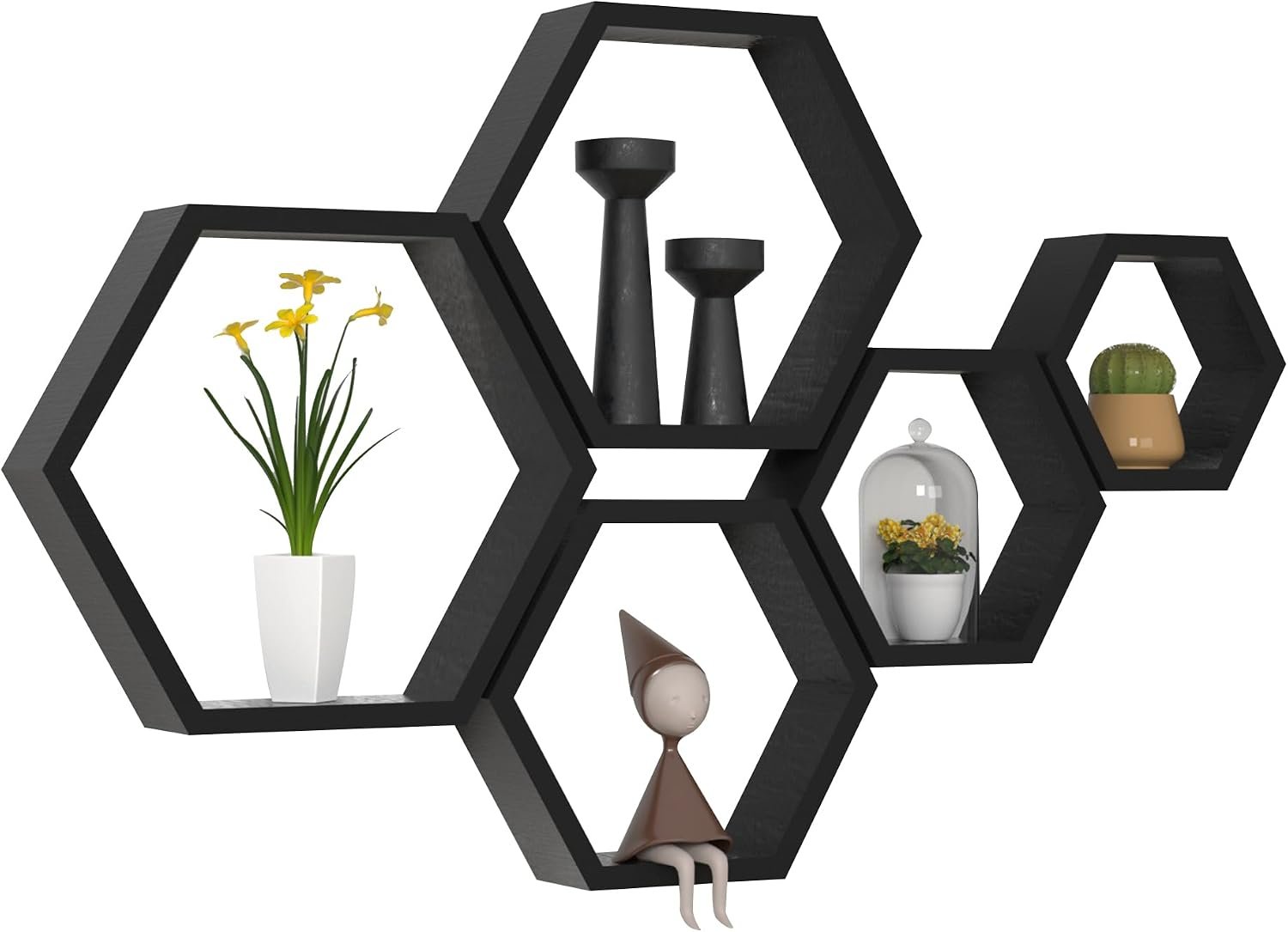 WONFUlity Hexagon Floating Shelves, Hexagonal Shelf Wall Mounted Storage