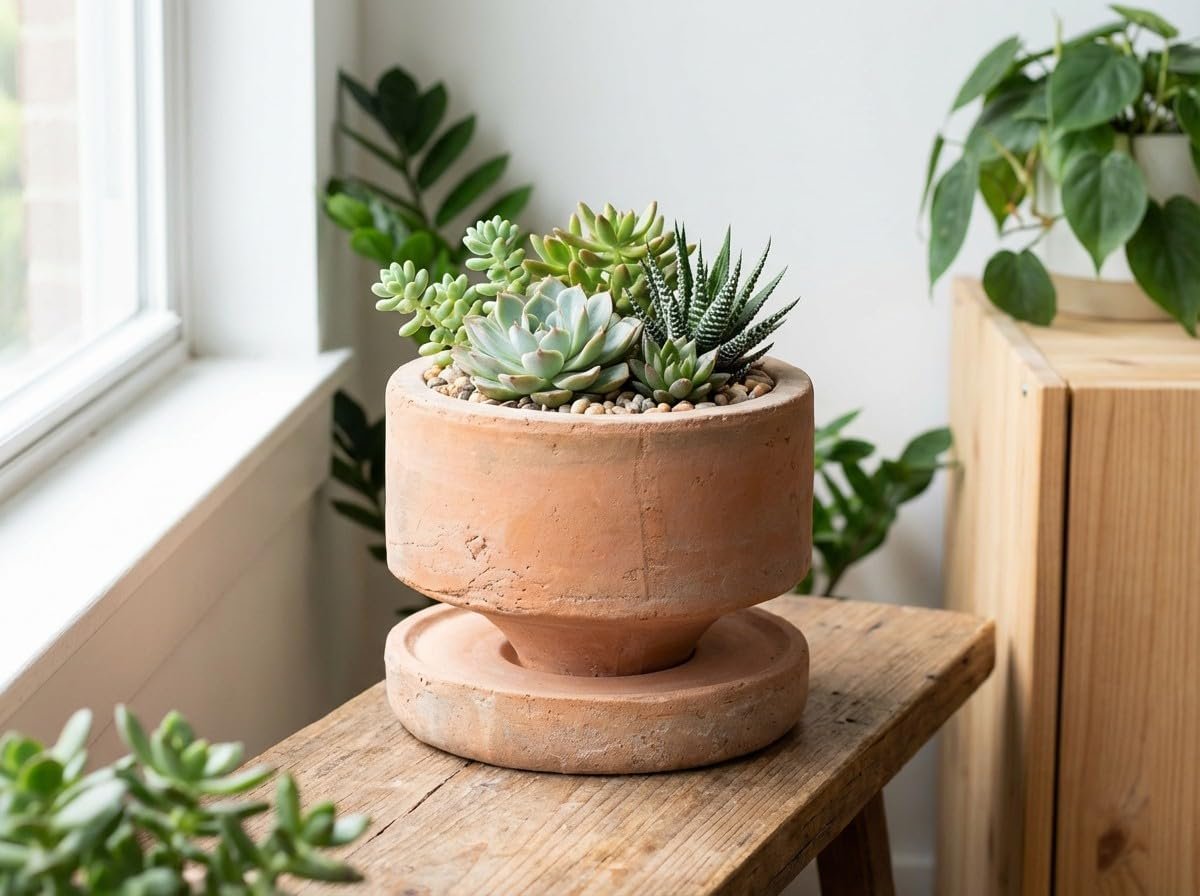 6″ Rustic Weathered Terracotta Plant Pot with Saucer, Breathable Clay Planter, Mid-Century Modern Home & Garden Decor