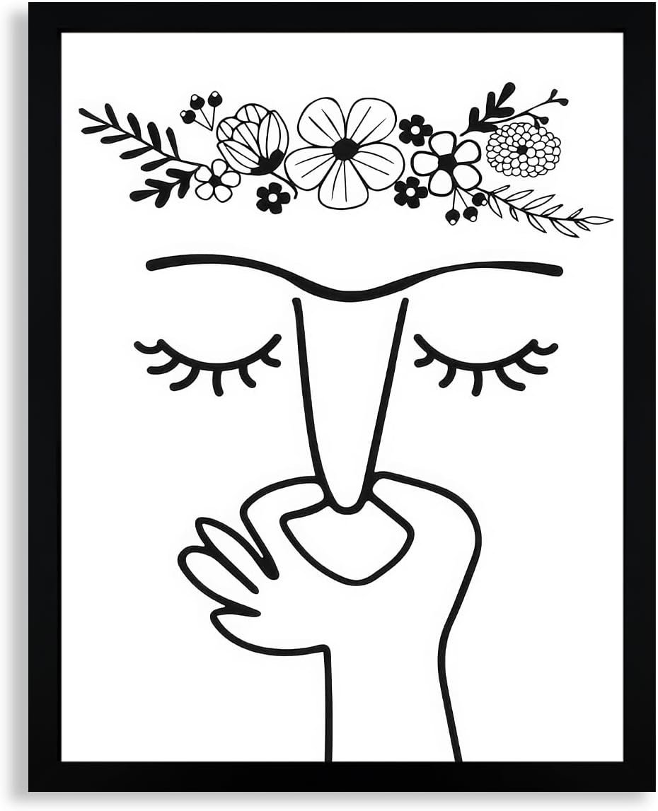 WRFON Framed Line Bathroom Wall Art, Minimalist Face Line with Flower Crown Artwork Print, Black and White Canvas Wall Painting, Modern Abstract Farmhouse Decoration for Home Decor, 8″ W x 10″ L