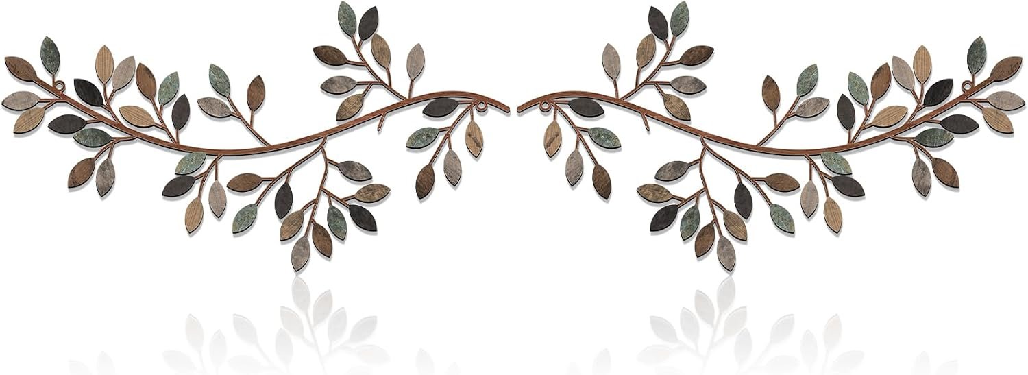 Hotop 2 Pieces Metal Tree Leaf Wall Decor Vine Olive Branch Leaf Wall Art Wrought Iron Scroll Sculptures Above the Bed, Living Room, Outdoor Decoration(Classic Style,Classic Color)