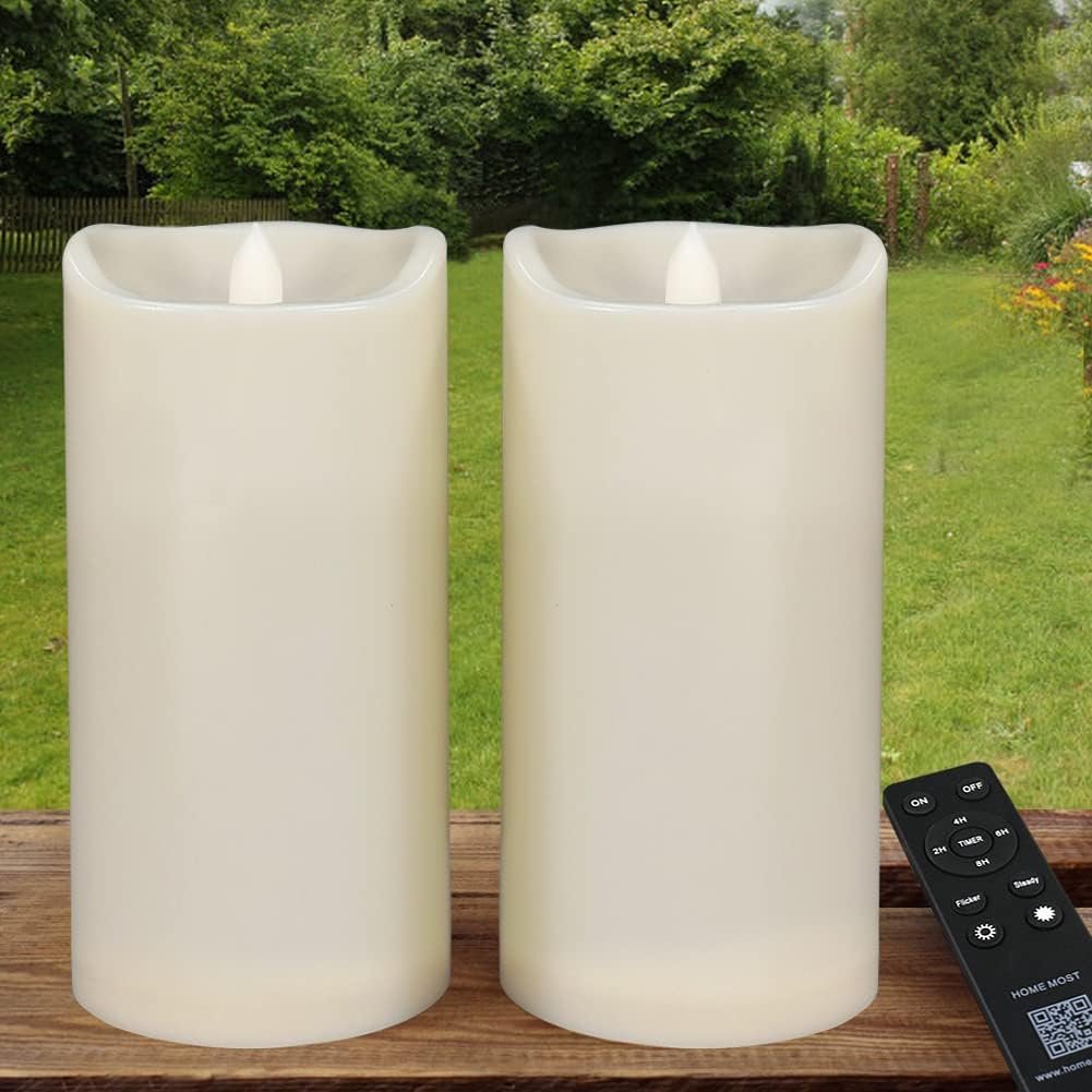Pack of 2 Large Outdoor LED Pillar Candles 4×8 with Timer and Remote – IP65 Waterproof Battery Operated LED Pillar Candles Ivory Body – Oblique Edge Flickering Flameless Pillar Candles