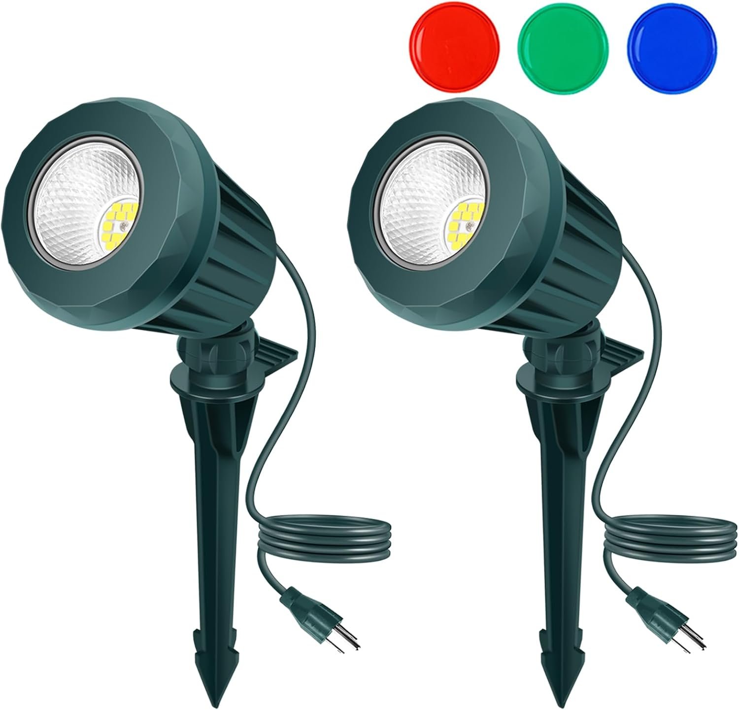 Halloween & Christmas Outdoor Spotlight, 2700K Warm White LED LandscapeSpot Lights with RGB 3 Lenses, IP67 Waterproof, 120V Plug-in for Yard, Garden Tree Holiday Decor(2 Pack, Green)