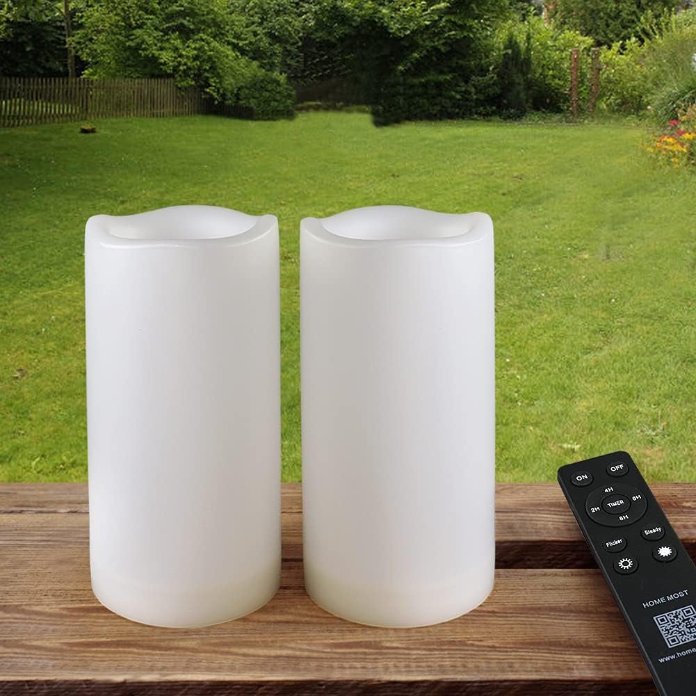 Pack of 2 White 3×6 LED Pillar Candles Outdoor IP65 Waterproof – Pillar Candles Battery Powered with Timer and Remote – Battery Operated Unscented Outdoor Flameless Candles Flickering