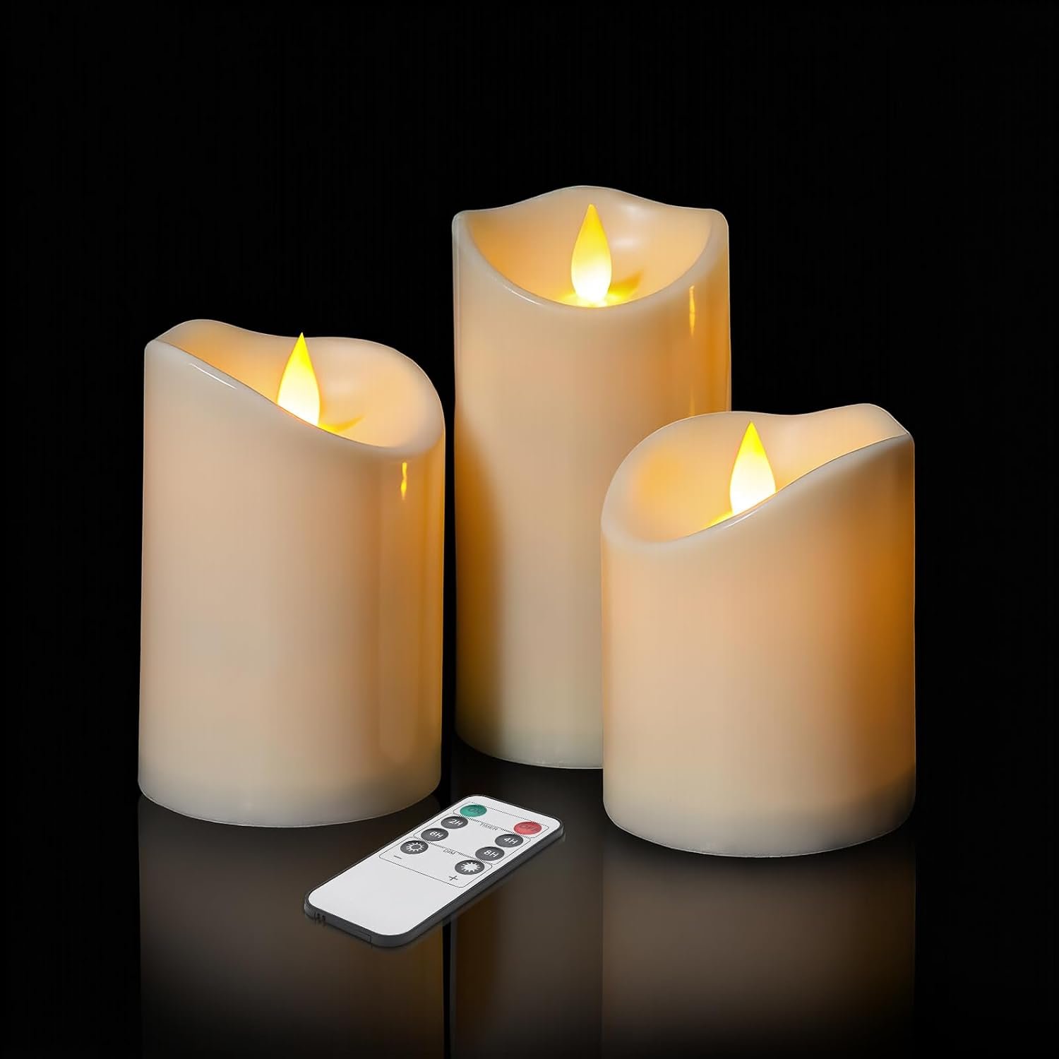 Flameless Candles 4″ 5″ 6″ Set of 3 Outdoor Indoor Ivory Pillars Battery Operated Flickering Candles with Cozy Climbing Flame Effect, 8-Key Remote Timer, Plastic LED Candles for Wedding Decor