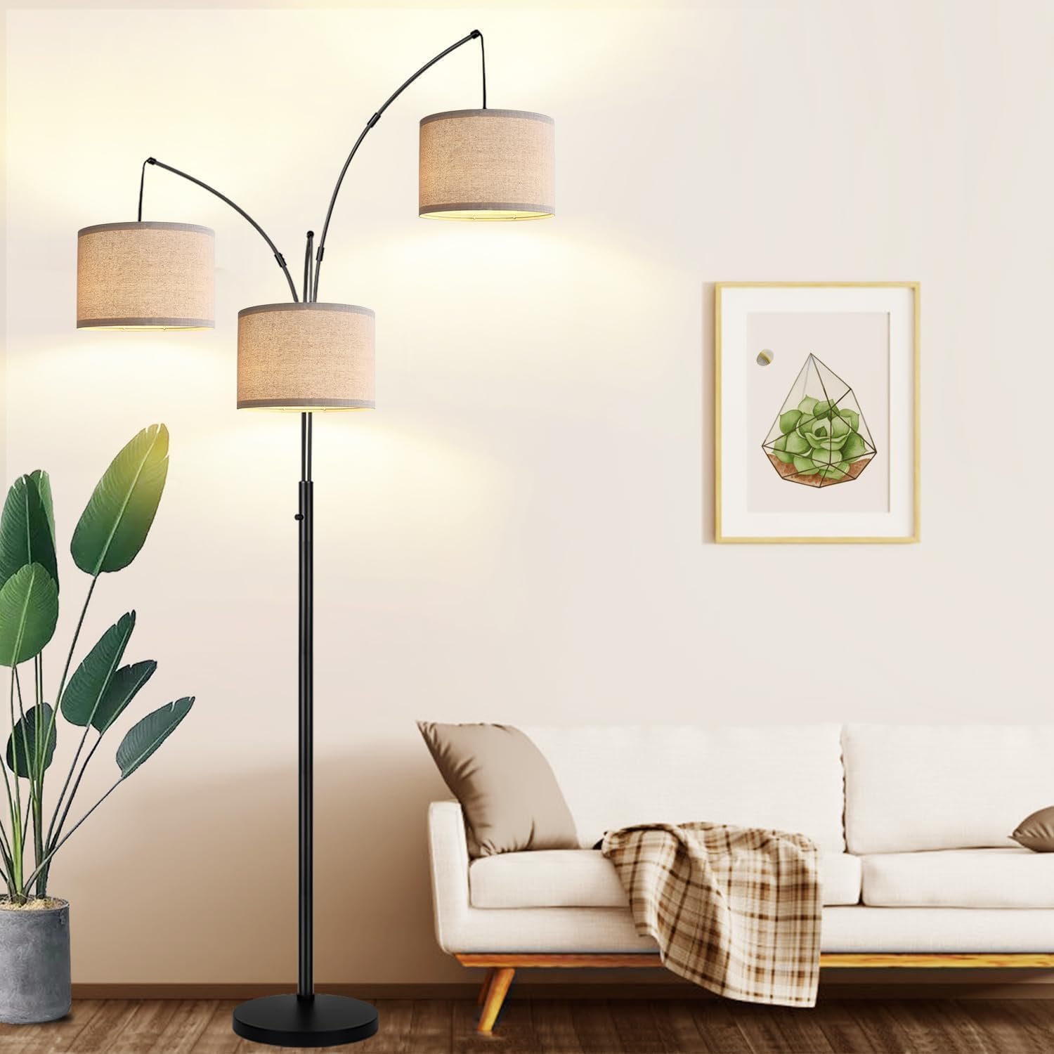 Dimmable 3 Lights Floor Lamp – 3000LM Super Bright Arc Floor Lamps for Living Room, Modern Tall Standing Lamp With Beige Shades, Mid Century Tree Floor Lamp for Bedroom Office, 3 LED Bulbs Included