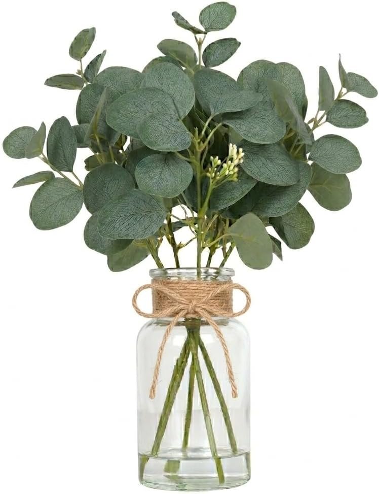 Velener Faux Eucalyptus Stems in Vase with Faux Water, Fake Plants Indoor Artificial Eucalyptus Plant for Home Decor, Kitchen Bathroom Farmhouse Living Room Coffee Table Centerpieces Green-1 Pack