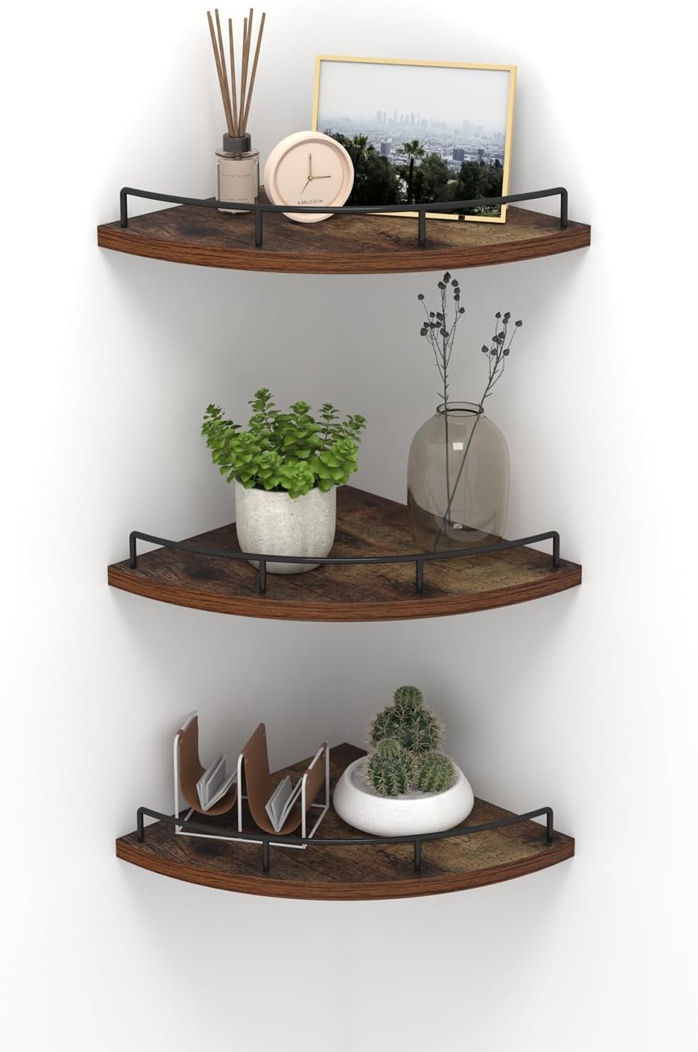 HORLIMER 3 Pack Floating Corner Shelf Wall Mount with Fence, Brown