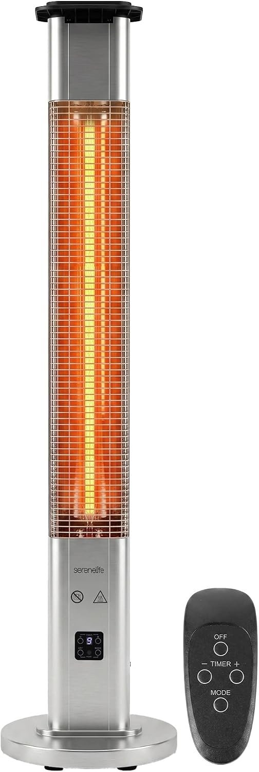 SereneLife Outdoor Electric Patio Heater – 1500W High-Efficiency Infrared Heating, Remote Control Standing Heater with Aluminum Reflector, Waterproof Design, IP65 Approved, Quiet Operation