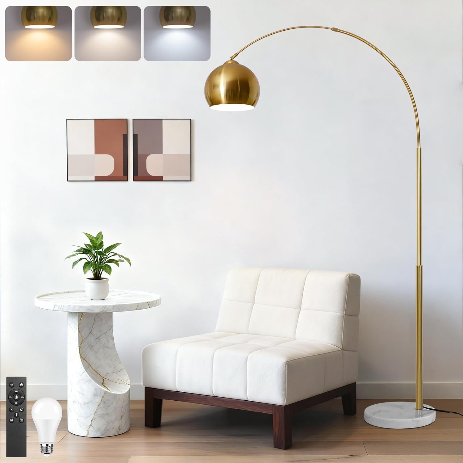 77” Arc Floor Lamp for Living Room, Upgraded Gold Standing Lamp with Remote