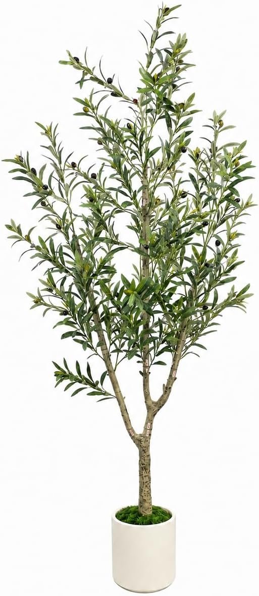 Olive Trees Artificial Indoor, 6ft Tall Olive Tree with White Planter, Faux olive tree with Natural Wood Trunk & Realistic Leaves & Lifelike Fruits, Artificial Plants for Home Decor Office Living Room