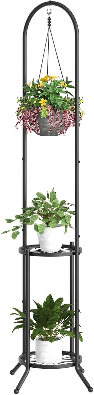 BMOSU Plant Stand with Hooks Indoor Outdoor Corner Tall Plant Stand Heavy-Duty Metal 3-Tier Plant Shelf Holder Rack for Patio Garden Balcony Living Room Bedroom(circular Black)