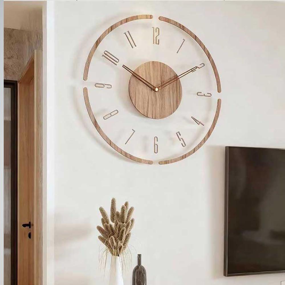 Modern Minimalist Wooden Wall Clock – Silent Non-Ticking Battery Operated Wall Clock for Living Room Bedroom Kitchen Office Decor, 12 Inch Large Wall Clock with Sleek Open Frame Design