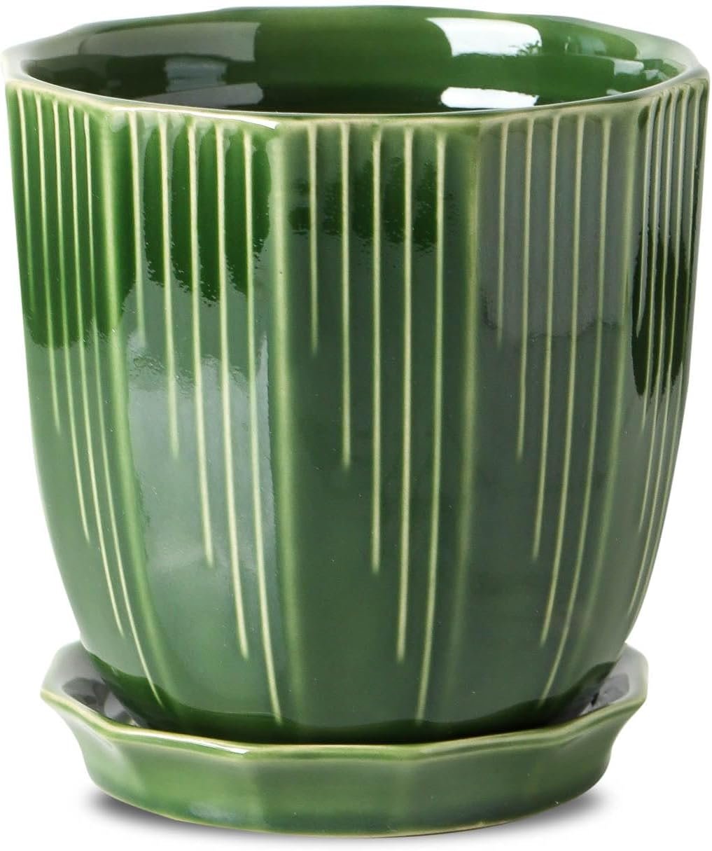 ADN 6Inch Green Ceramic Planter Pot with Drainage Hole and Saucer