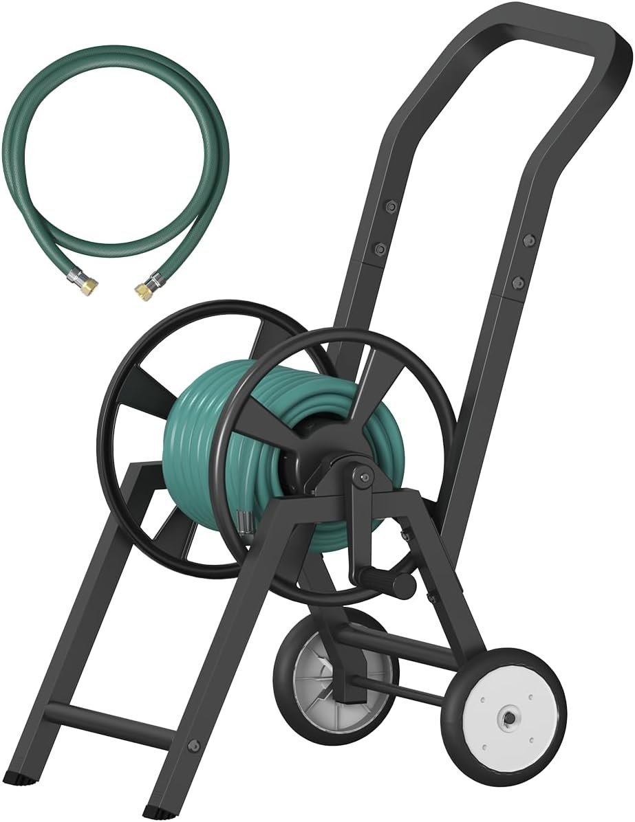 Artigarden Garden Hose Reel Cart with Wheels, Holds 165 ft of 5/8’’ Hose Outdoor Heavy Duty Powder-coated Steel Water Storage Holder Rack with 3.9 Ft Leader Hose for Outside Lawn Yard, Black