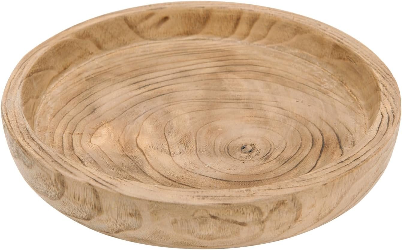 NIKKY HOME 12″ Hand Carved Dough Bowls, Paulownia Wood Round Serving Bowl Decorative Wooden Tray, Natural