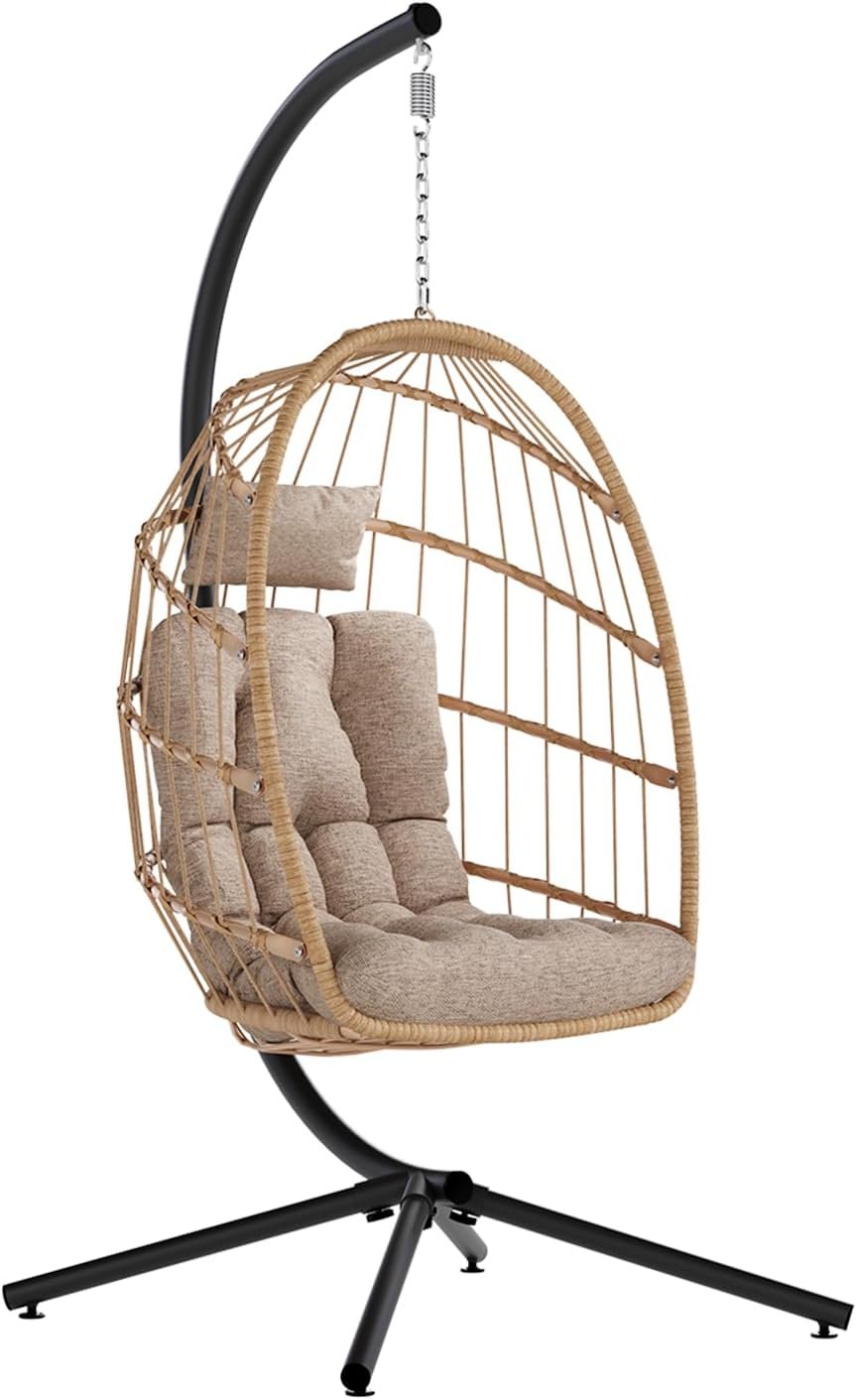 SWITTE Egg Chair Outdoor with Stand, Indoor Wicker Hanging Egg Swing, Cream
