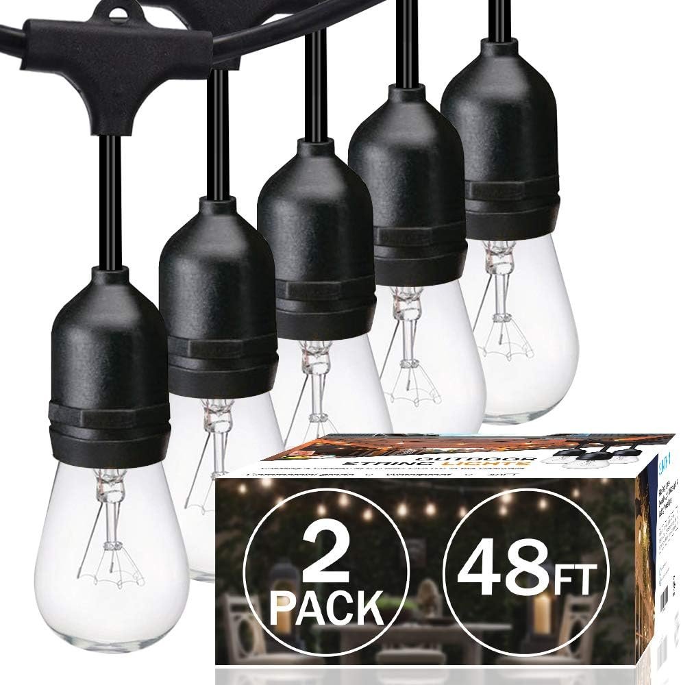 SUNTHIN 2 Pack 48FT Outdoor String Lights,Hanging Incandescent String Lights Commercial Grade Waterproof Patio Light Outside with Dimmable Connectable Edison Glass Bulbs for Bistro,Party,Holiday Decor