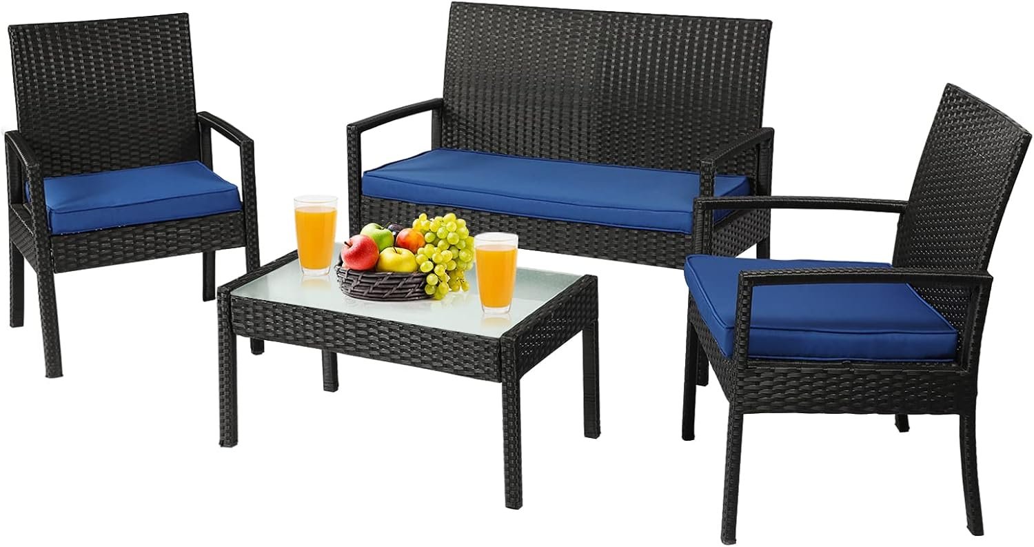 4 Piece Outdoor Patio Furniture Set, Rattan Patio Conversation Set