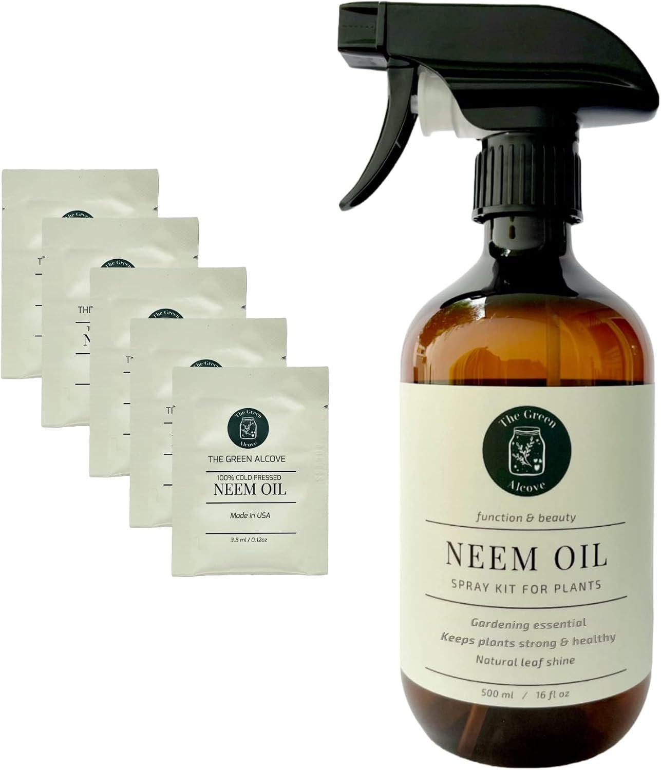 Neem Oil Spray Kit for Plants, Makes Five 16 fl oz – 100% Pure Cold Pressed Neem Spray for Indoor and Outdoor Garden Plants | The Green Alcove